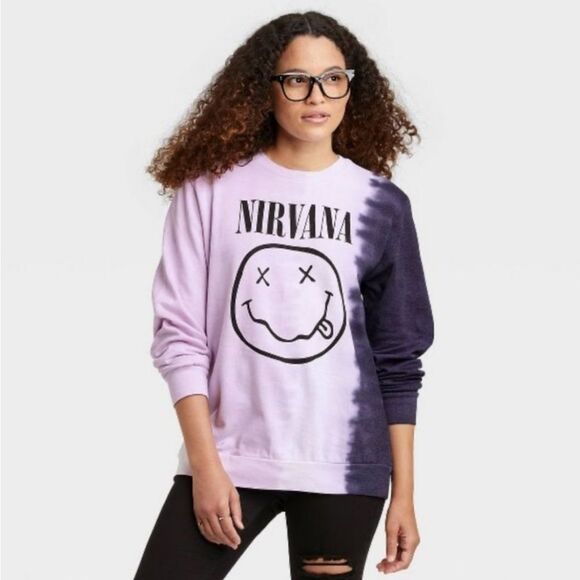 Nirvana Purple Black Tie Dye Smiley Face  Graphic Band T Sweatshirt Large - Picture 1 of 9